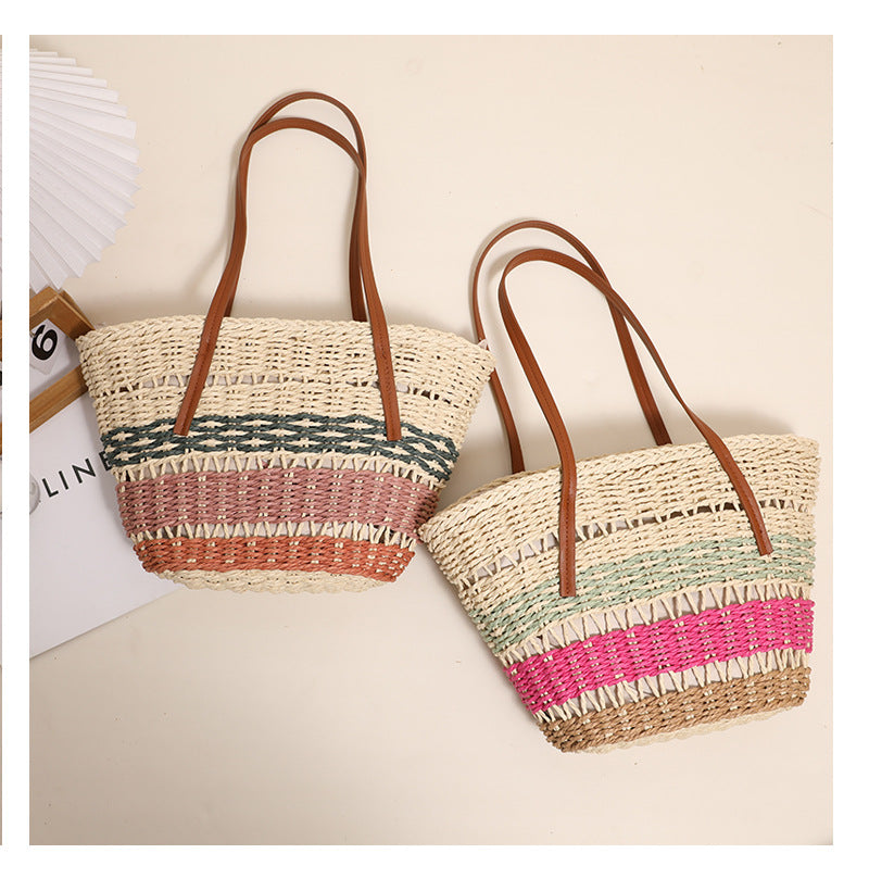 Women's Straw Stripe Vintage Style Shell Zipper Shoulder Bag