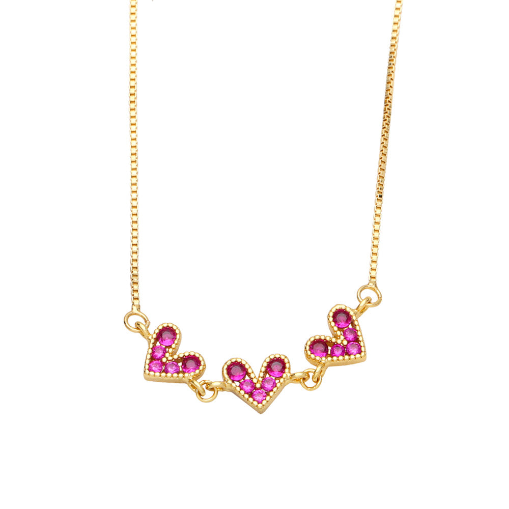 fashion color zircon heart shape stitching copper necklace