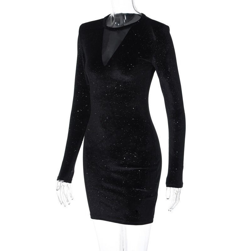 Women's Sheath Dress Elegant Sexy Round Neck Sequins Long Sleeve Solid Color Above Knee Holiday