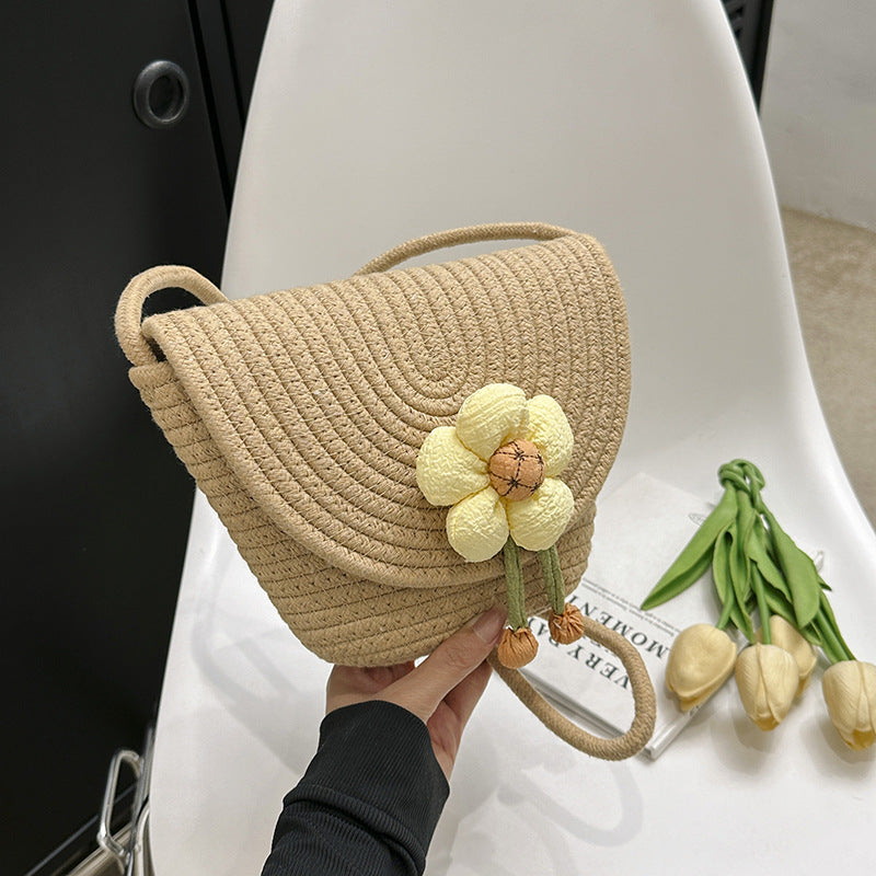 Women's Medium Straw Floral Streetwear Weave Bucket Magnetic Buckle Bucket Bag