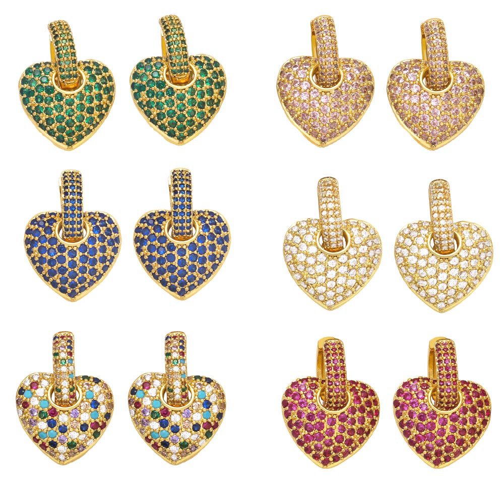 fashion micro-inlaid color heart-shaped zircon copper earrings