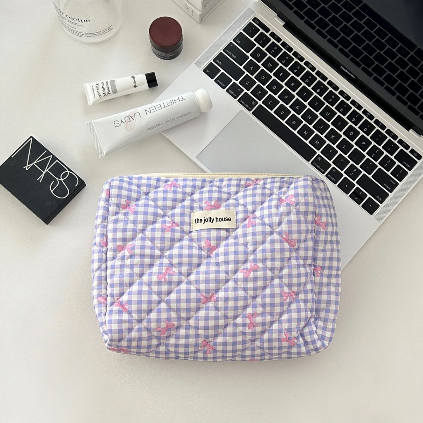 Elegant Streetwear Plaid Canvas Square Makeup Bags