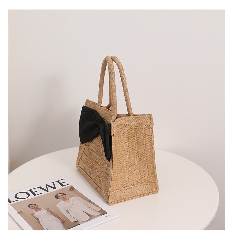 Women's Straw Bow Knot Vacation Weave Square Magnetic Buckle Handbag