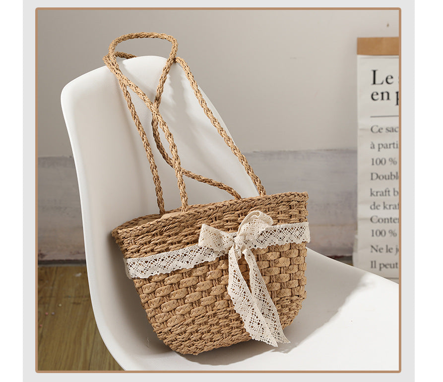 Women's Straw Bow Knot Vacation Weave Square String Shoulder Bag