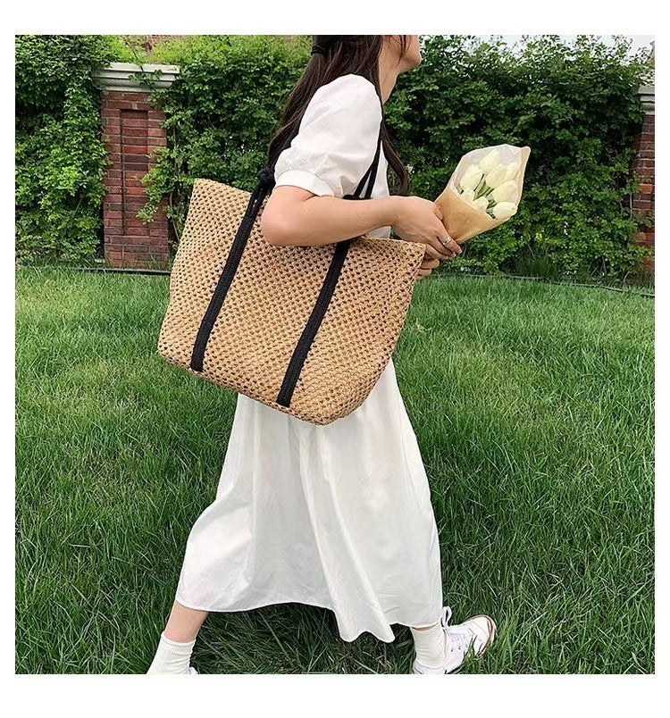 Women's Large Paper Solid Color Elegant Streetwear Weave Square Zipper Straw Bag