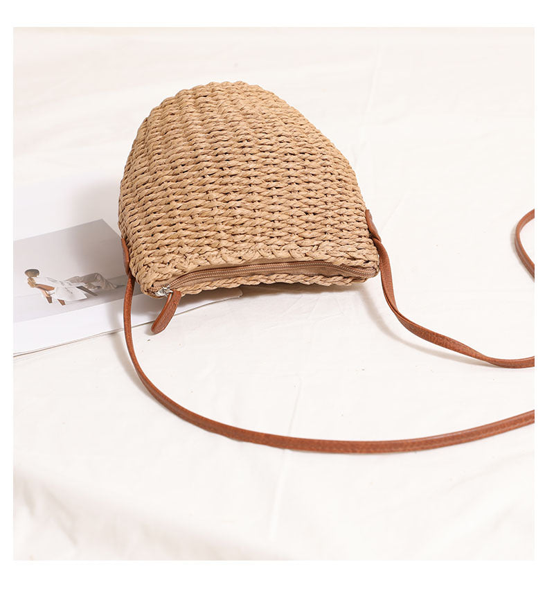 Women's Straw Solid Color Vacation Weave Bucket Zipper Crossbody Bag