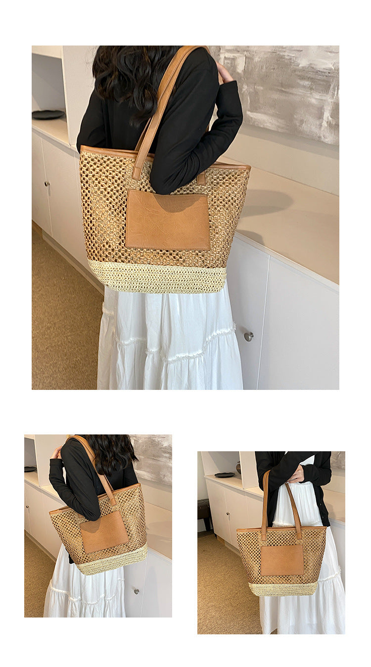 Women's Medium Straw Solid Color Basic Beach Weave Sewing Thread Square Zipper Tote Bag