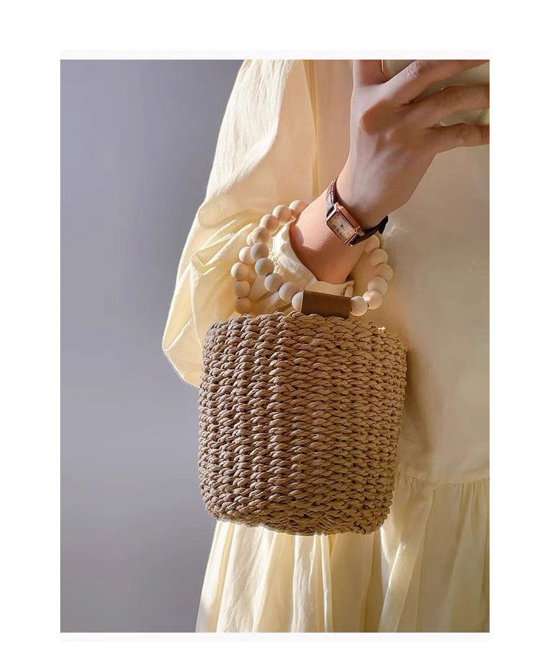 Women's Straw Solid Color Vacation Beading Weave Bucket String Handbag