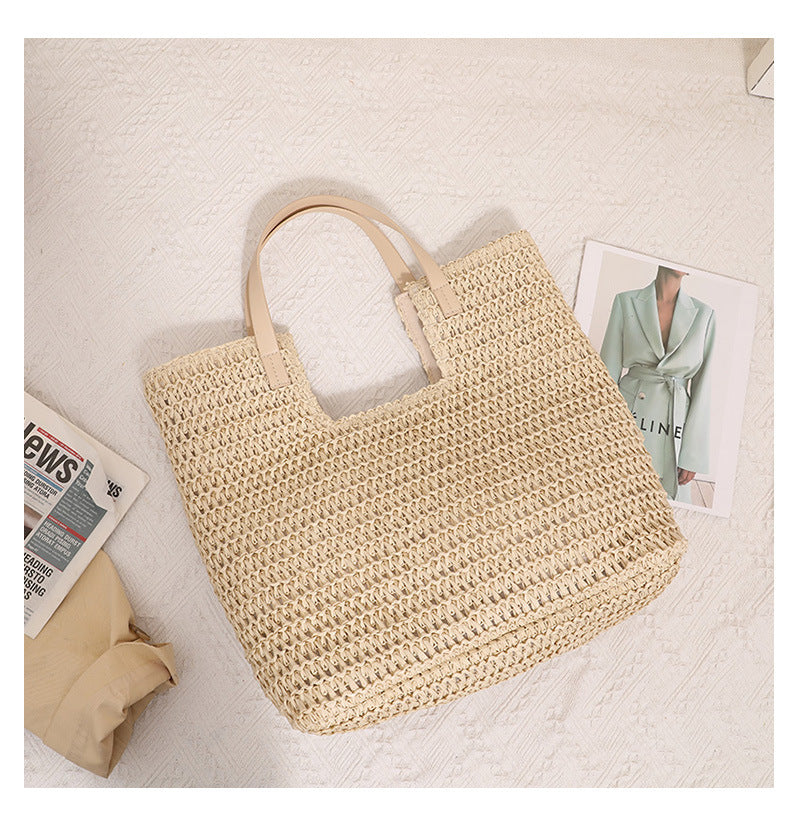 Women's Large Paper Solid Color Elegant Streetwear Weave Square Magnetic Buckle Straw Bag