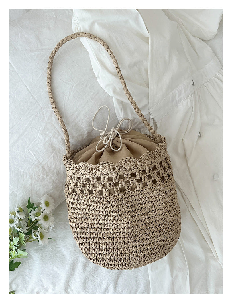 Women's Medium Paper Solid Color Vacation Weave Hollow Bucket String Bucket Bag