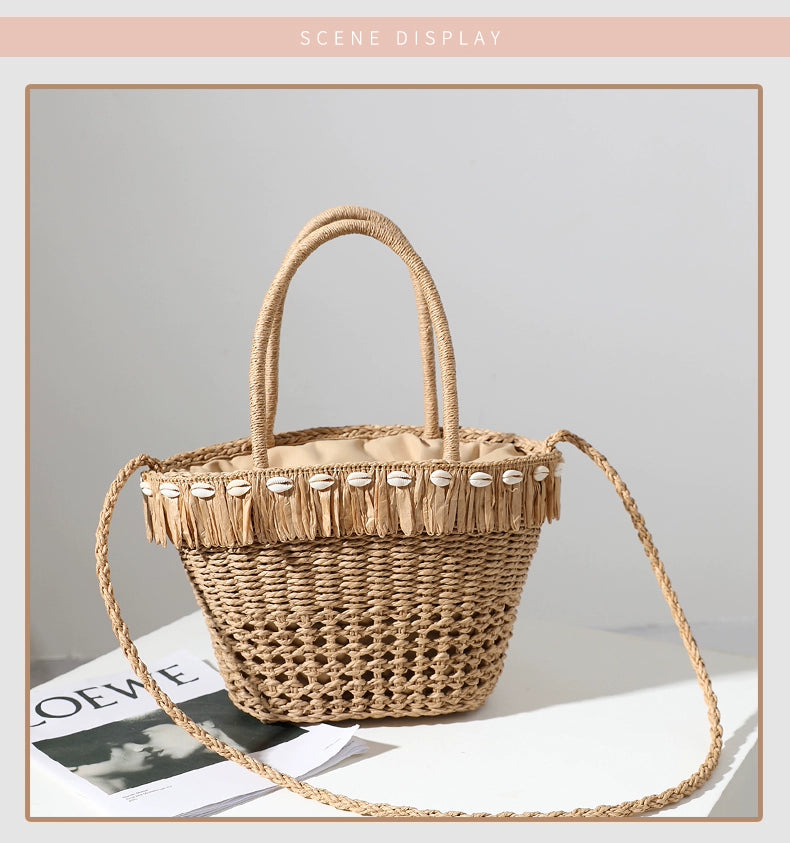 Women's Medium Straw Solid Color Vacation Beach Weave Bucket String Straw Bag