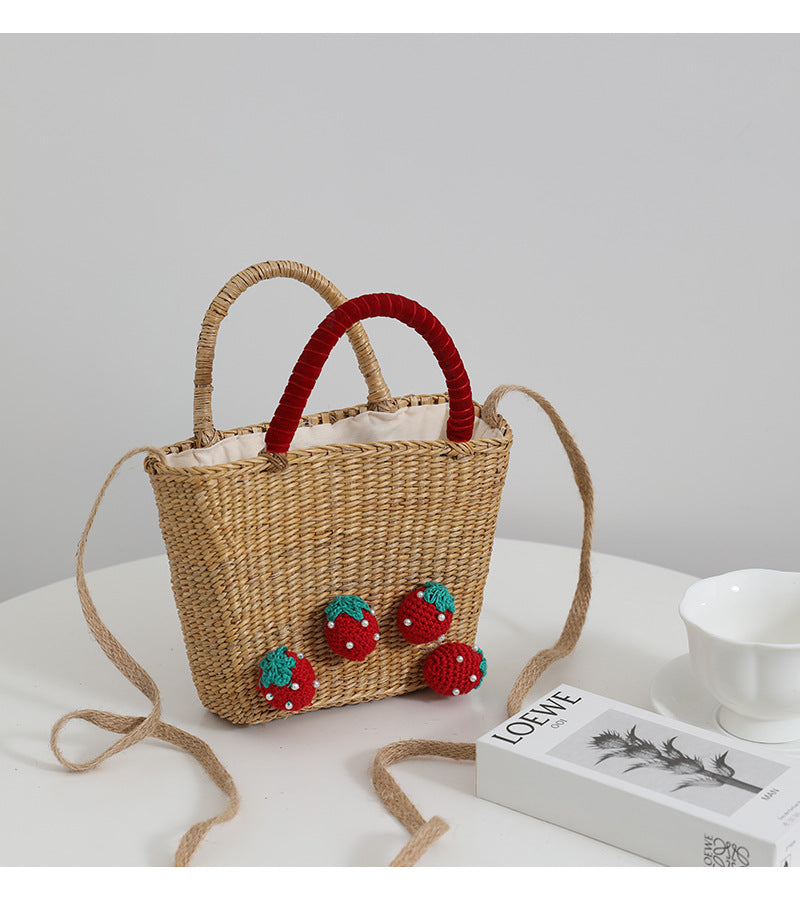 Women's Straw Strawberry Cute Weave Bucket String Crossbody Bag