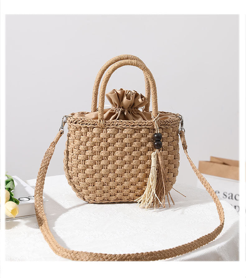 Women's Straw Solid Color Vacation Beading Tassel Weave Square String Shoulder Bag