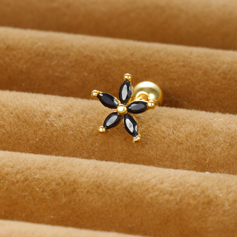 1 piece shiny flower plating inlay copper zircon ear studs