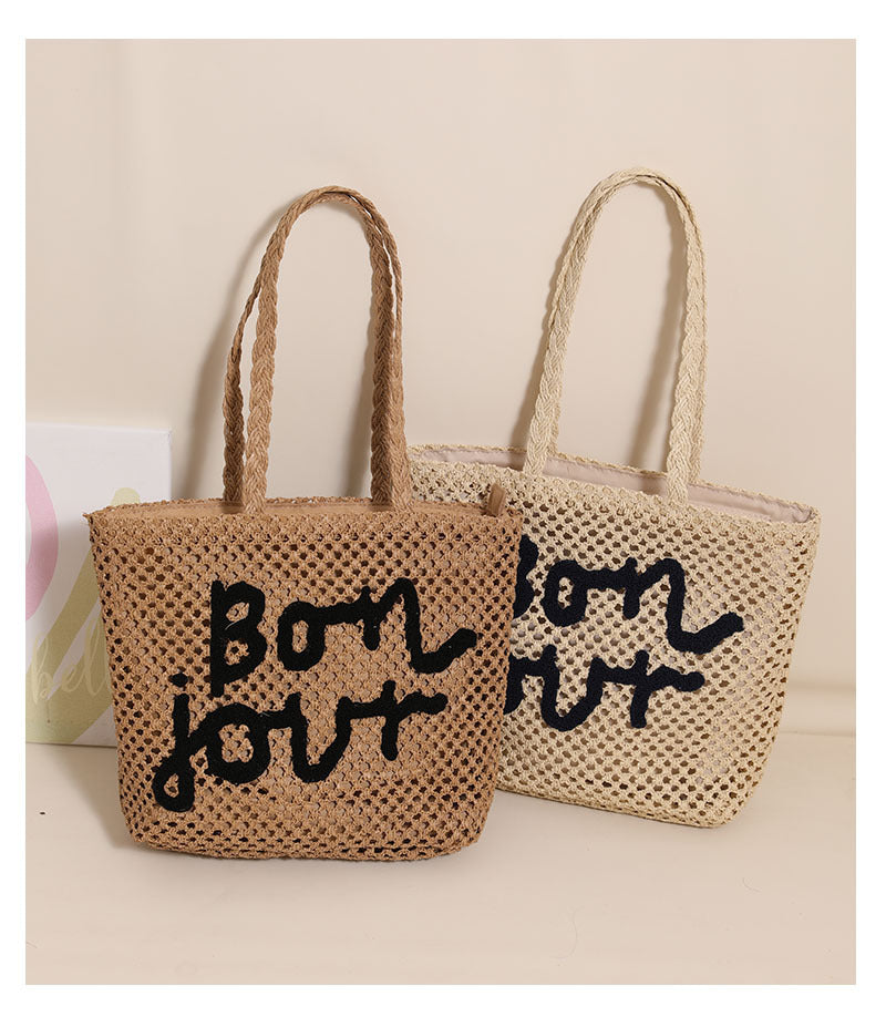 Women's Straw Letter Vacation Embroidery Weave Square Zipper Tote Bag