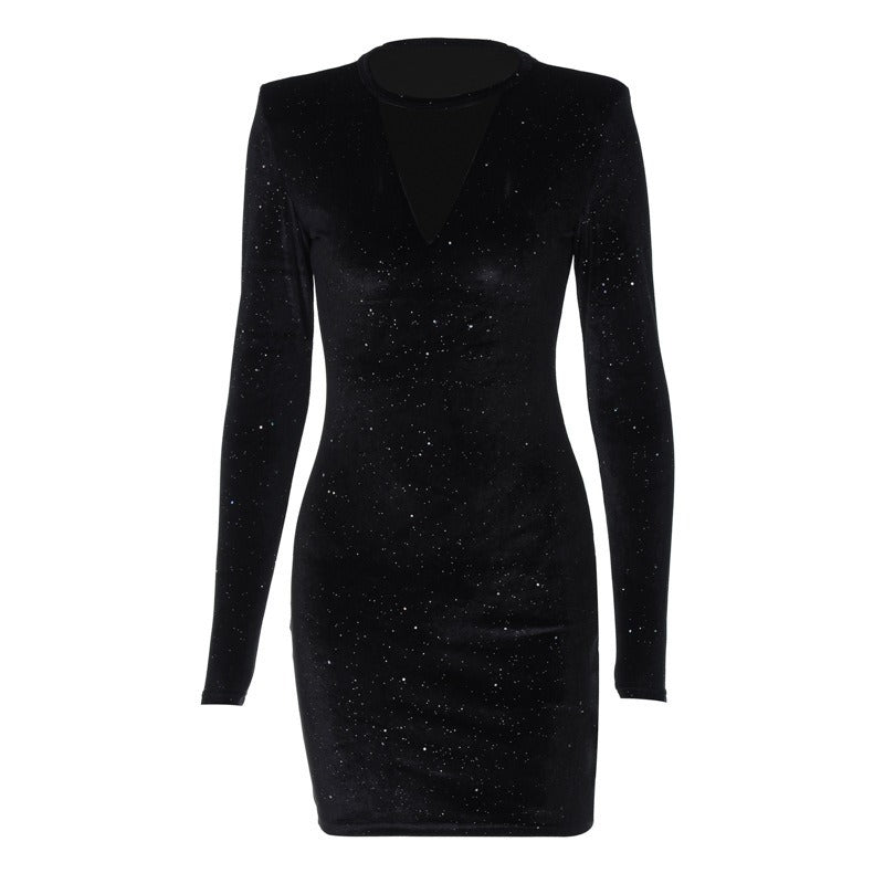 Women's Sheath Dress Elegant Sexy Round Neck Sequins Long Sleeve Solid Color Above Knee Holiday