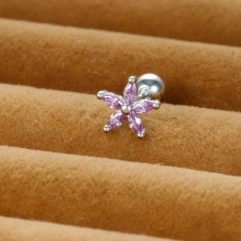 1 piece shiny flower plating inlay copper zircon ear studs