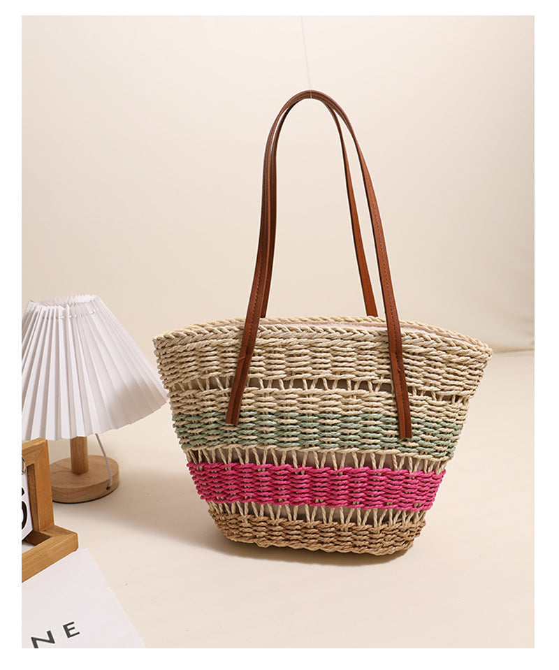 Women's Straw Stripe Vintage Style Shell Zipper Shoulder Bag