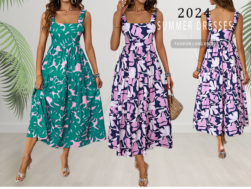 Women's Strap Dress Vacation Strap Printing Sleeveless Printing Midi Dress Holiday