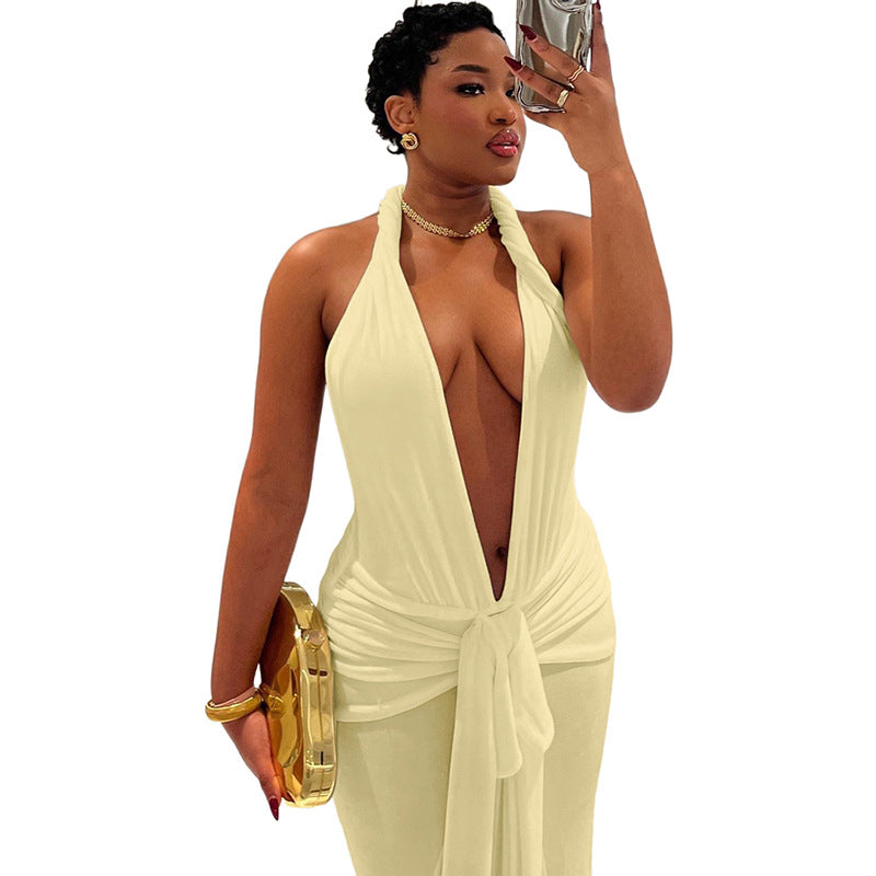 Women's Sheath Dress Streetwear V Neck Backless Sleeveless Solid Color Maxi Long Dress Holiday