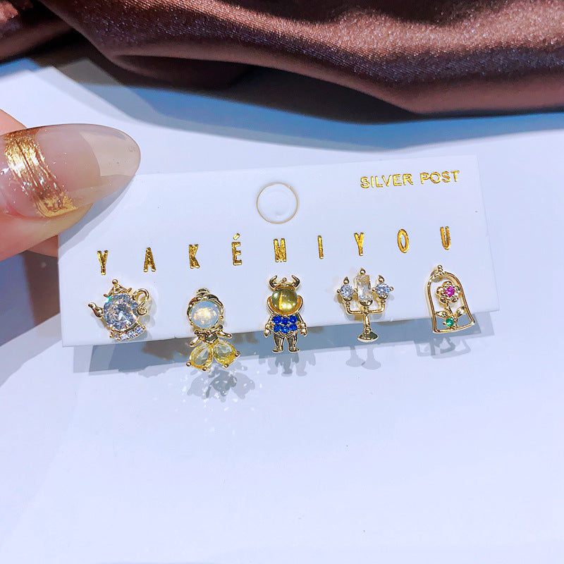 1 Set Sweet Cartoon Character Inlay Copper Zircon Ear Studs