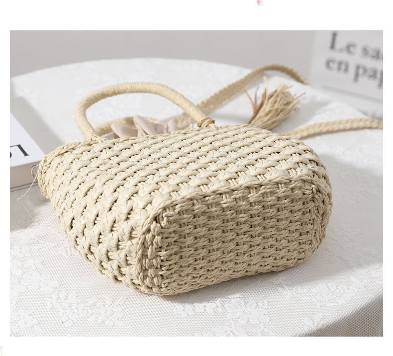 Women's Straw Solid Color Vacation Beading Tassel Weave Square String Shoulder Bag