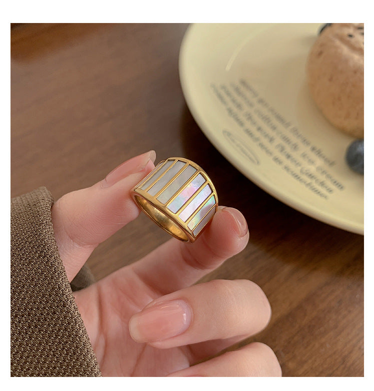 retro simple style geometric titanium steel inlay shell rings