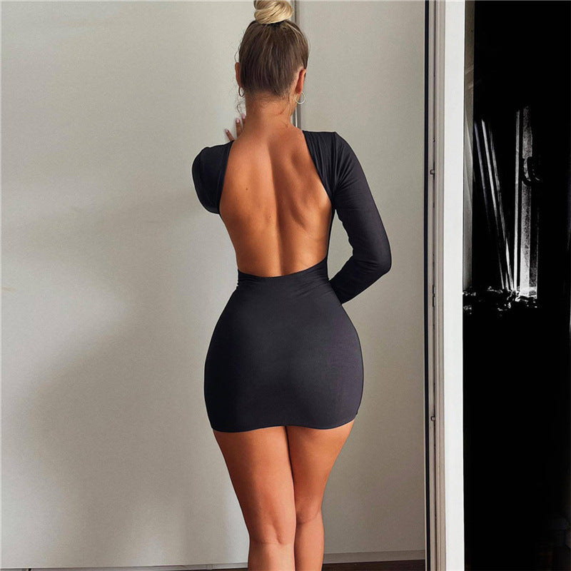 Women's Sheath Dress Streetwear Round Neck Backless Long Sleeve Solid Color Above Knee Holiday