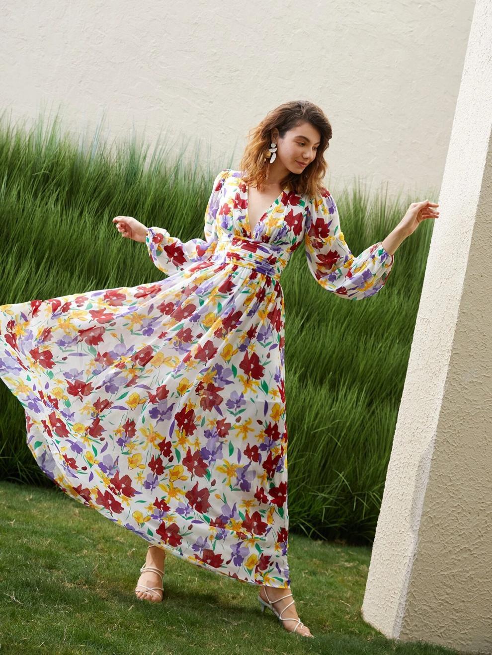 Women's Swing Dress Streetwear V Neck Long Sleeve Flower Maxi Long Dress Holiday