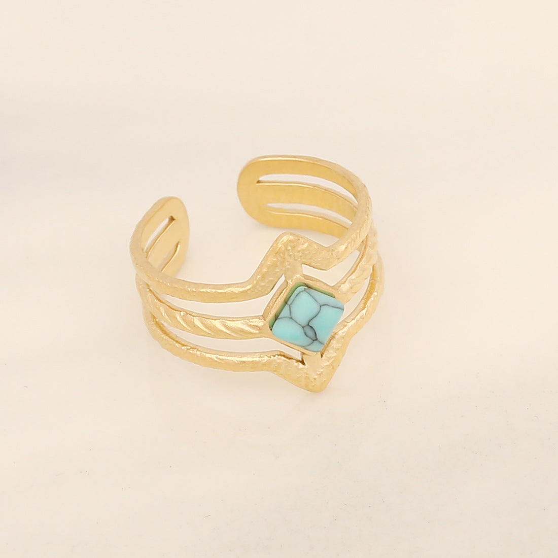 Stainless Steel 18K Gold Plated Ethnic Style Inlay Geometric Turquoise Open Ring