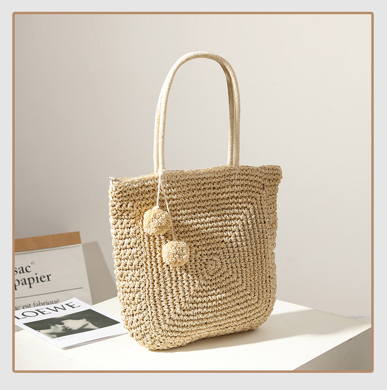 Women's Medium Straw Solid Color Classic Style Weave Square Zipper Straw Bag