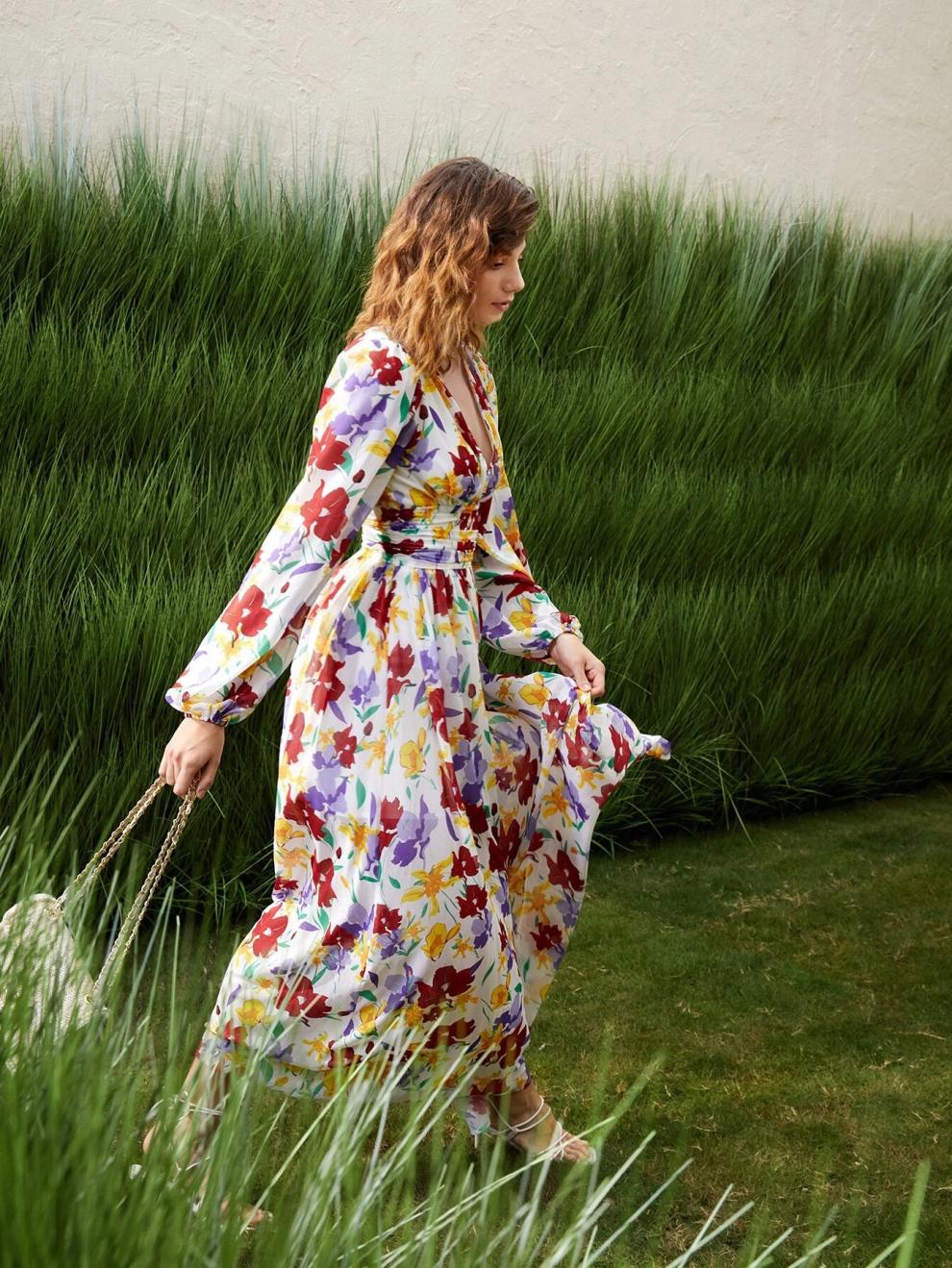 Women's Swing Dress Streetwear V Neck Long Sleeve Flower Maxi Long Dress Holiday