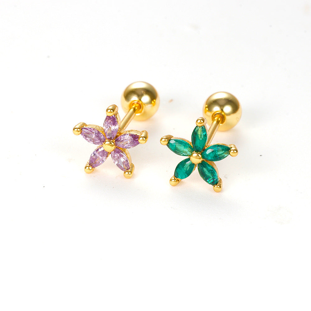 1 piece shiny flower plating inlay copper zircon ear studs