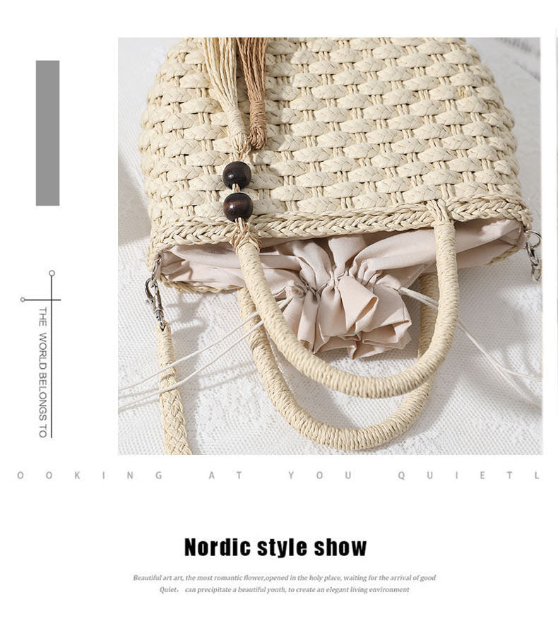 Women's Straw Solid Color Vacation Beading Tassel Weave Square String Shoulder Bag