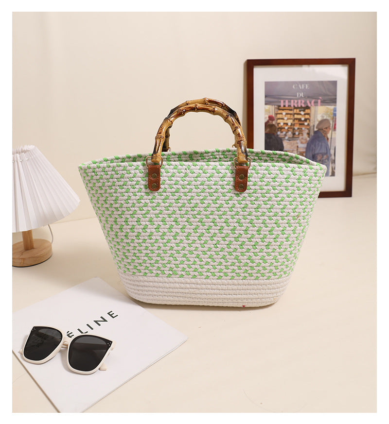 Women's Cotton Splicing Vacation Weave Shell Open Handbag