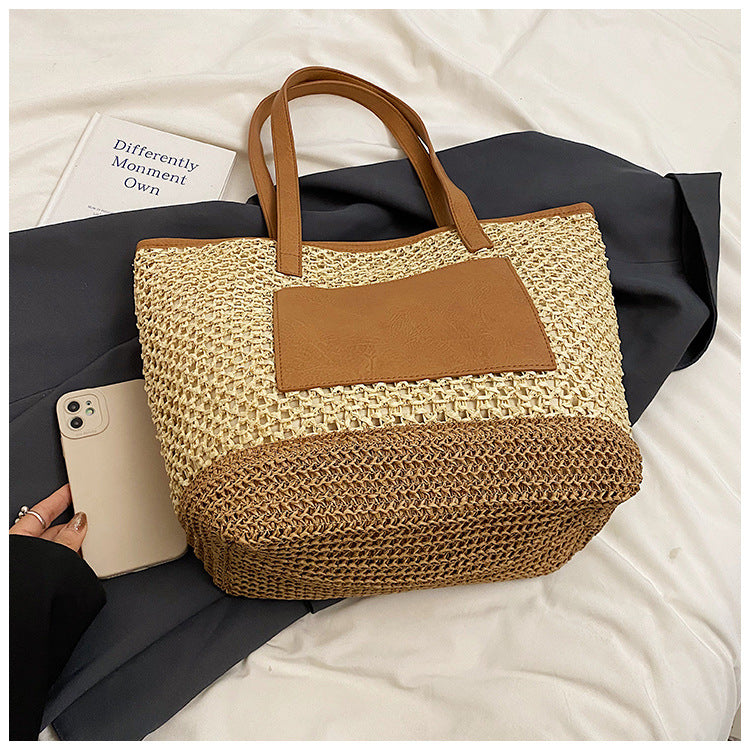 Women's Medium Straw Solid Color Basic Beach Weave Sewing Thread Square Zipper Tote Bag