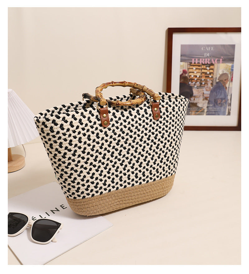 Women's Cotton Splicing Vacation Weave Shell Open Handbag