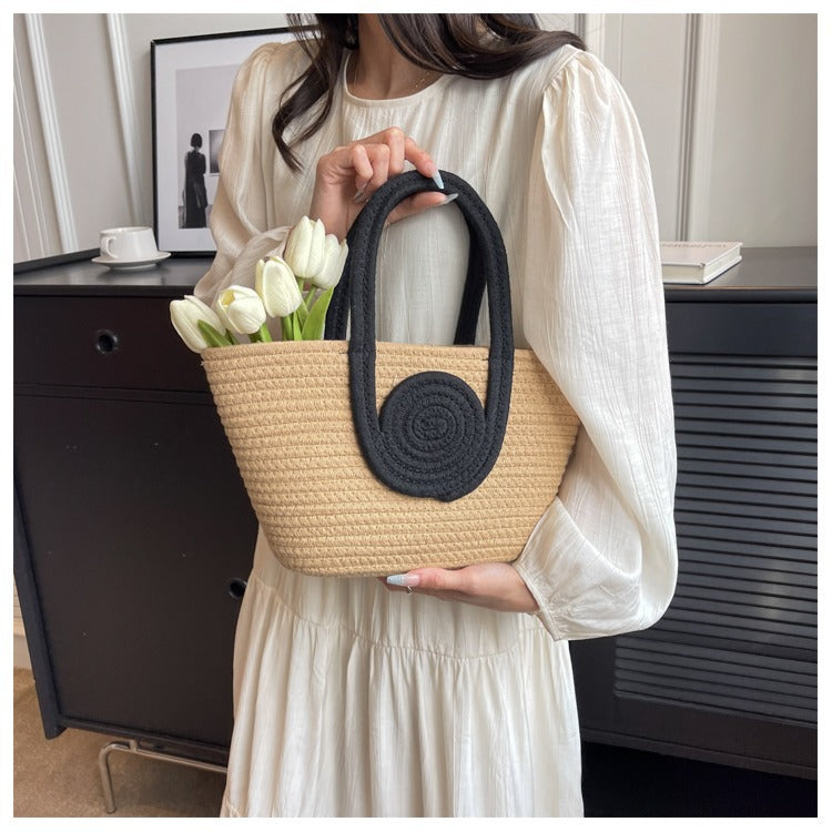 Women's cotton thread Splicing Vacation Weave Bucket Open Handbag