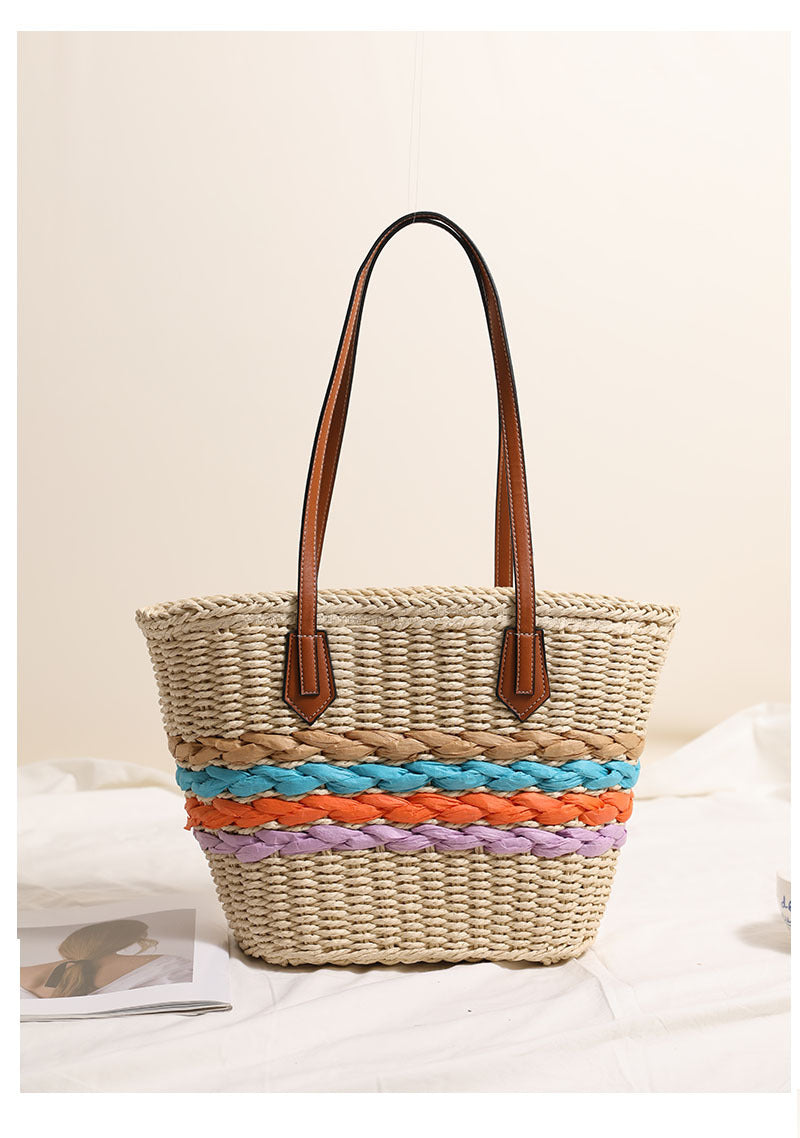 Women's Straw Stripe Vacation Weave Shell Zipper Tote Bag