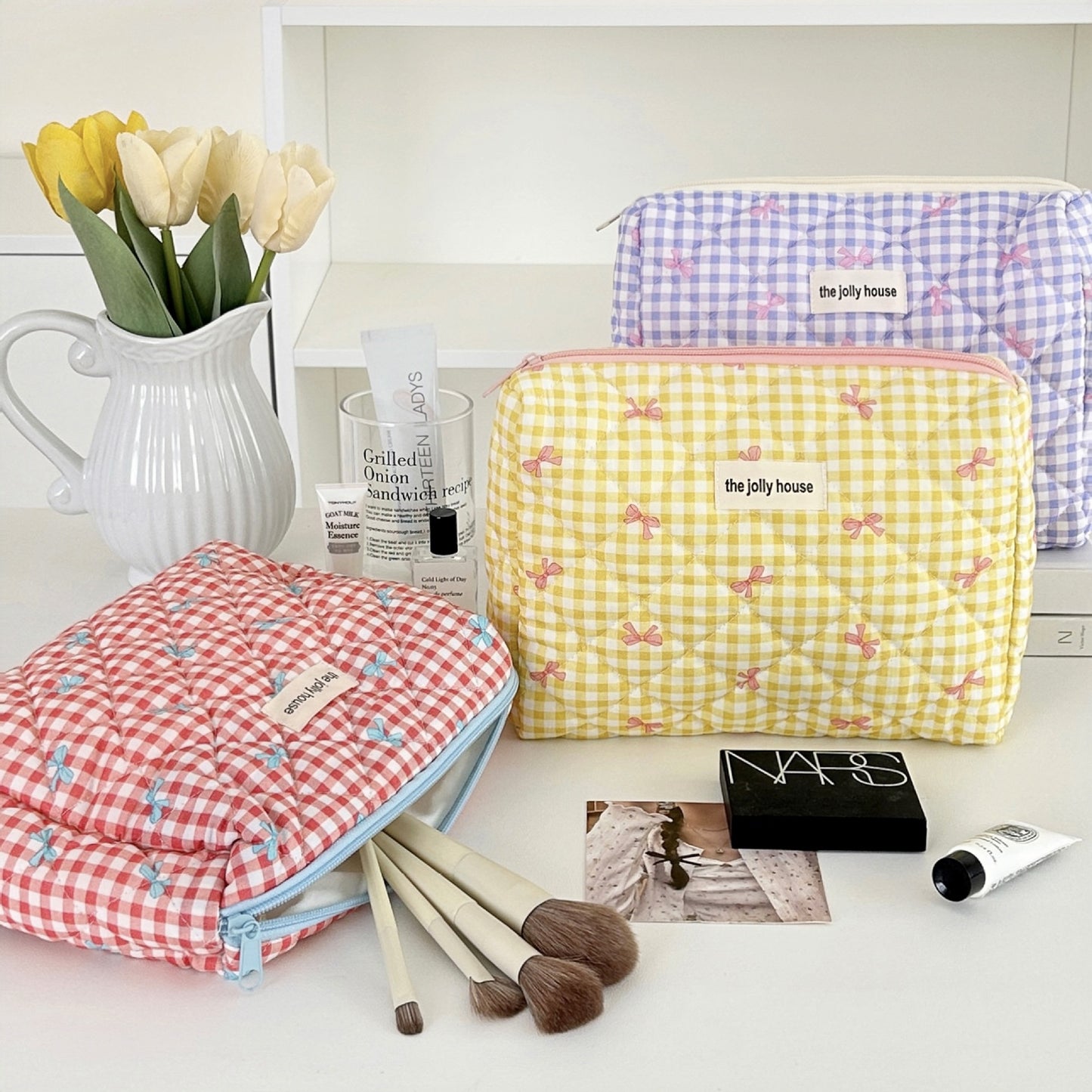 Elegant Streetwear Plaid Canvas Square Makeup Bags