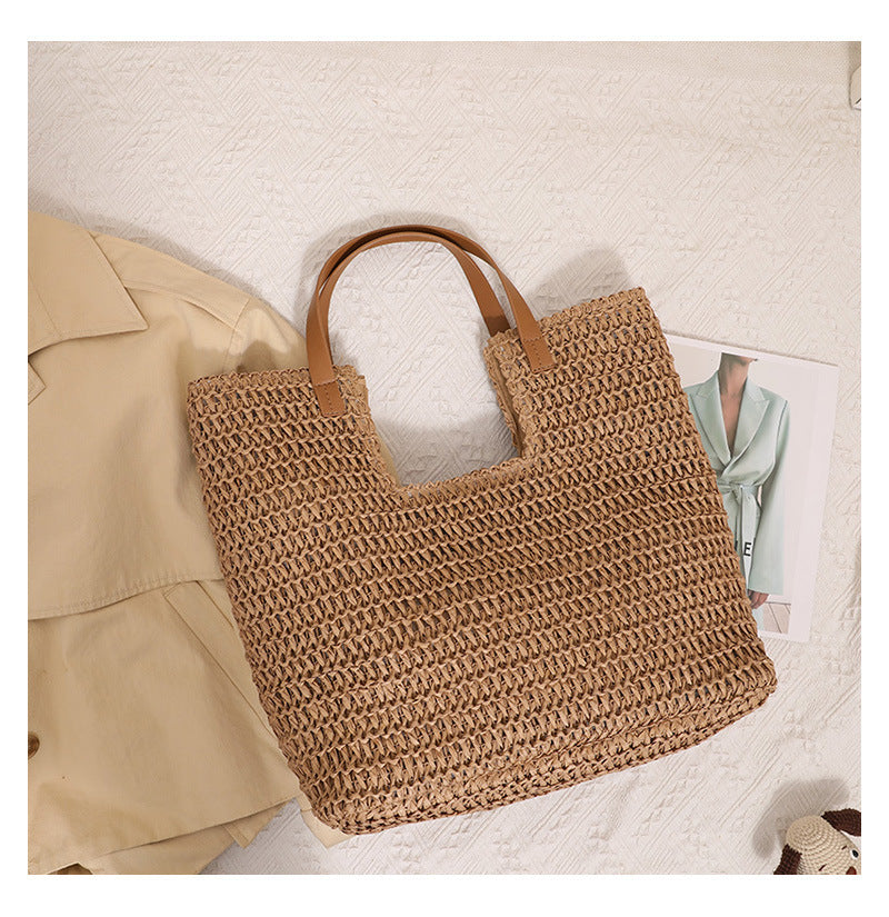 Women's Large Paper Solid Color Elegant Streetwear Weave Square Magnetic Buckle Straw Bag