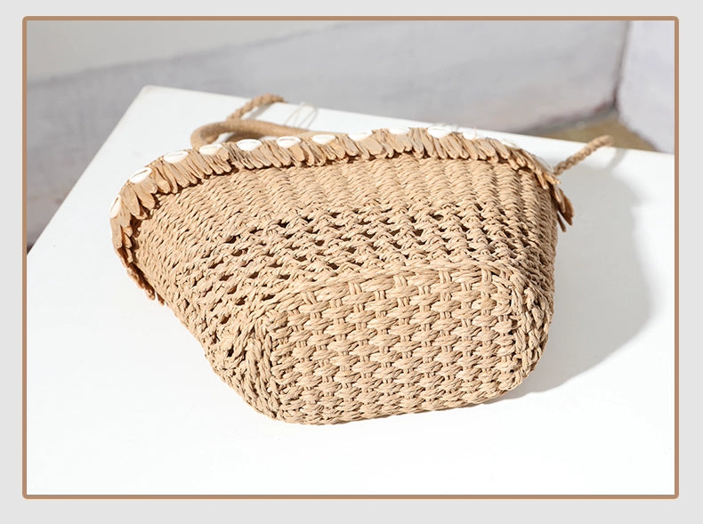 Women's Medium Straw Solid Color Vacation Beach Weave Bucket String Straw Bag