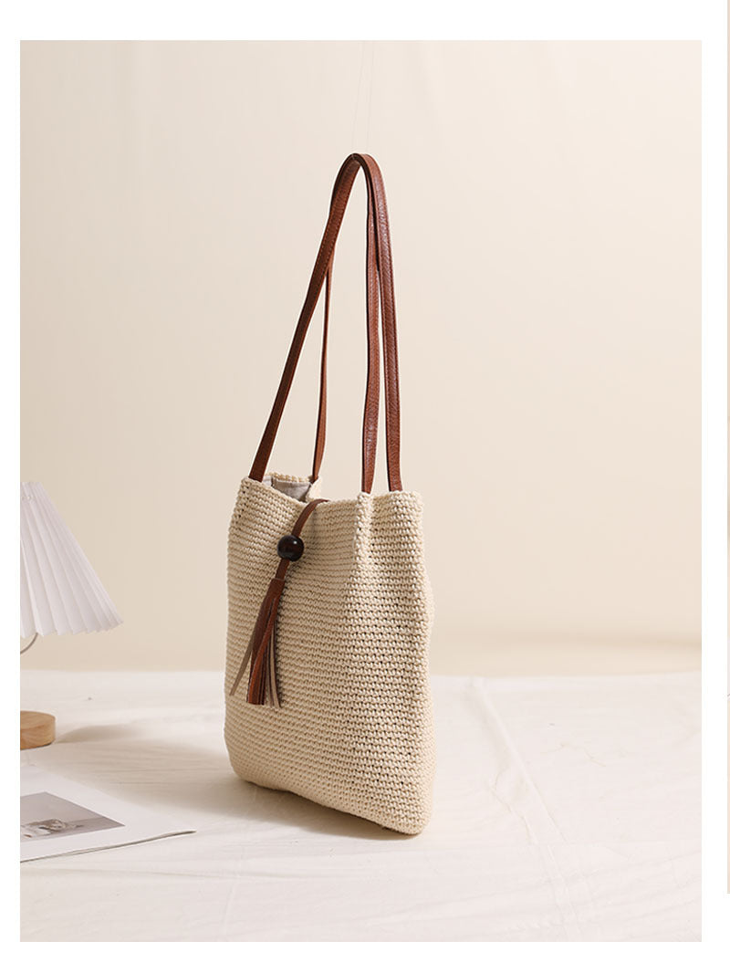 Women's Medium Cotton Solid Color Classic Style Weave Square Magnetic Buckle Straw Bag