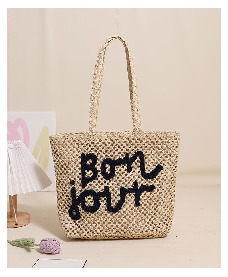 Women's Straw Letter Vacation Embroidery Weave Square Zipper Tote Bag