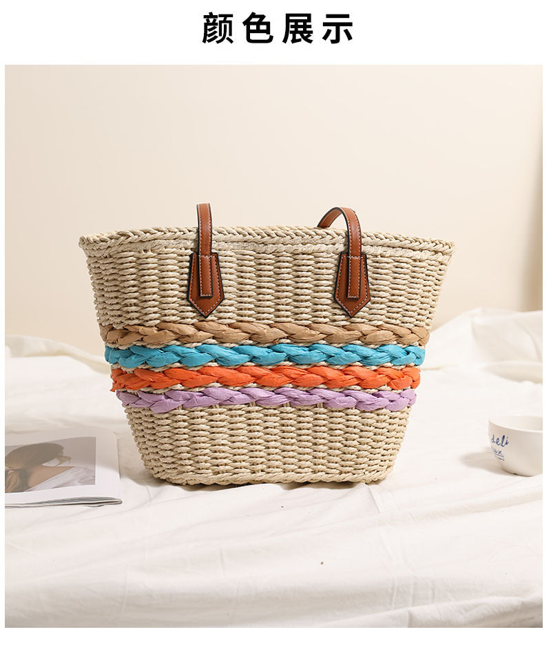 Women's Straw Stripe Vacation Weave Shell Zipper Tote Bag