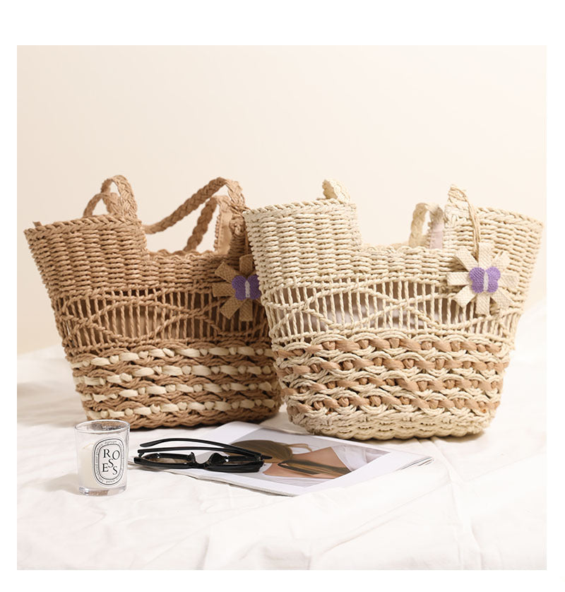 Women's Straw Flower Vacation Weave Hollow Bucket Zipper Tote Bag