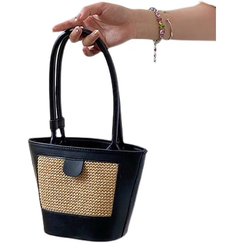 Women's Pu Leather Straw Splicing Vacation Weave Square Hook Loop Shoulder Bag