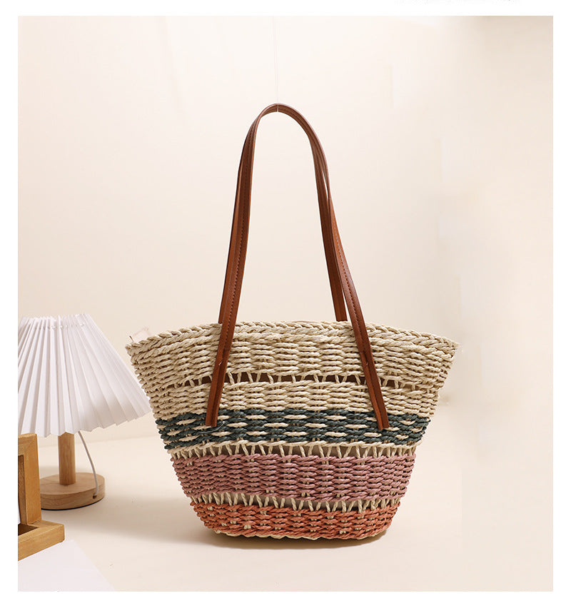 Women's Straw Stripe Vintage Style Shell Zipper Shoulder Bag