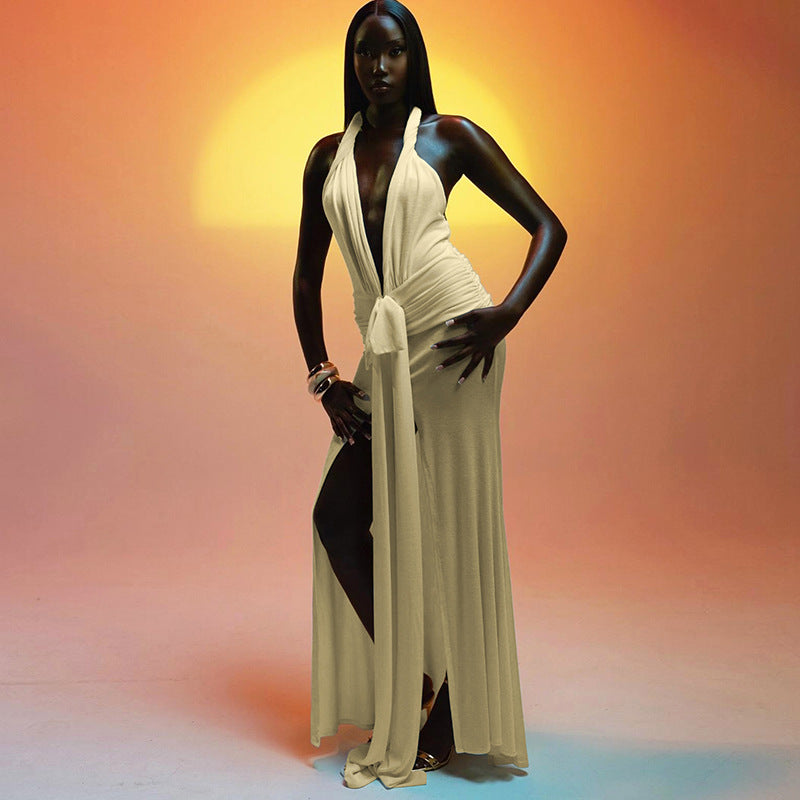 Women's Sheath Dress Streetwear V Neck Backless Sleeveless Solid Color Maxi Long Dress Holiday