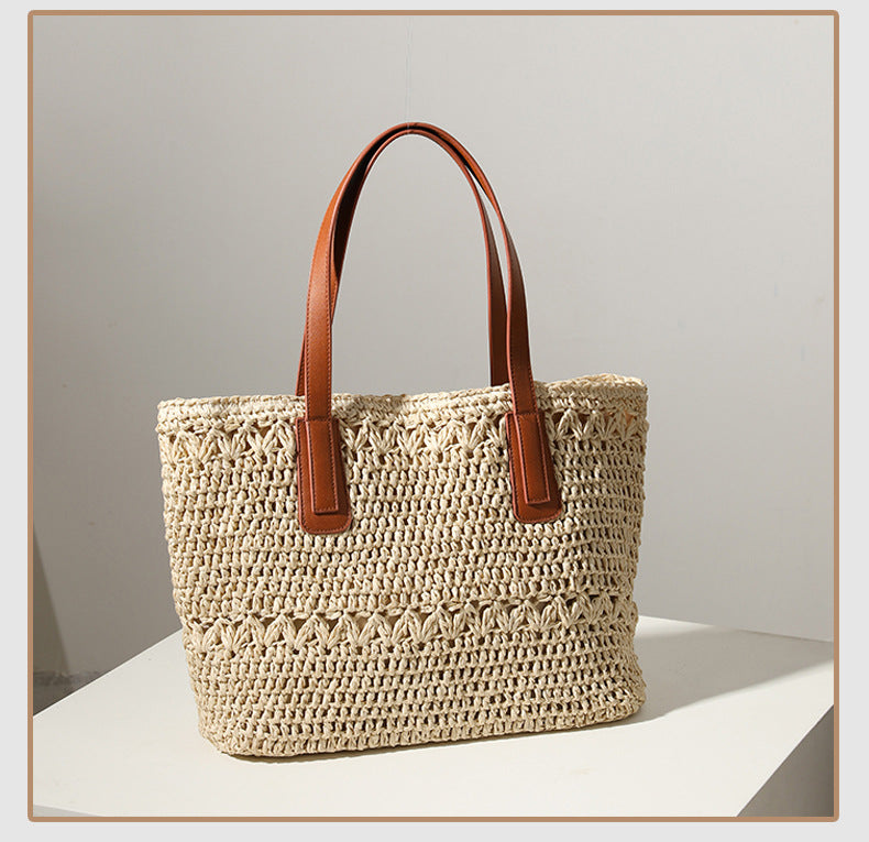 Women's Straw Solid Color Vacation Weave Square Zipper Tote Bag